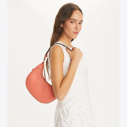 Tory Burch T Monogram Leather Crescent Bag Coral Crush