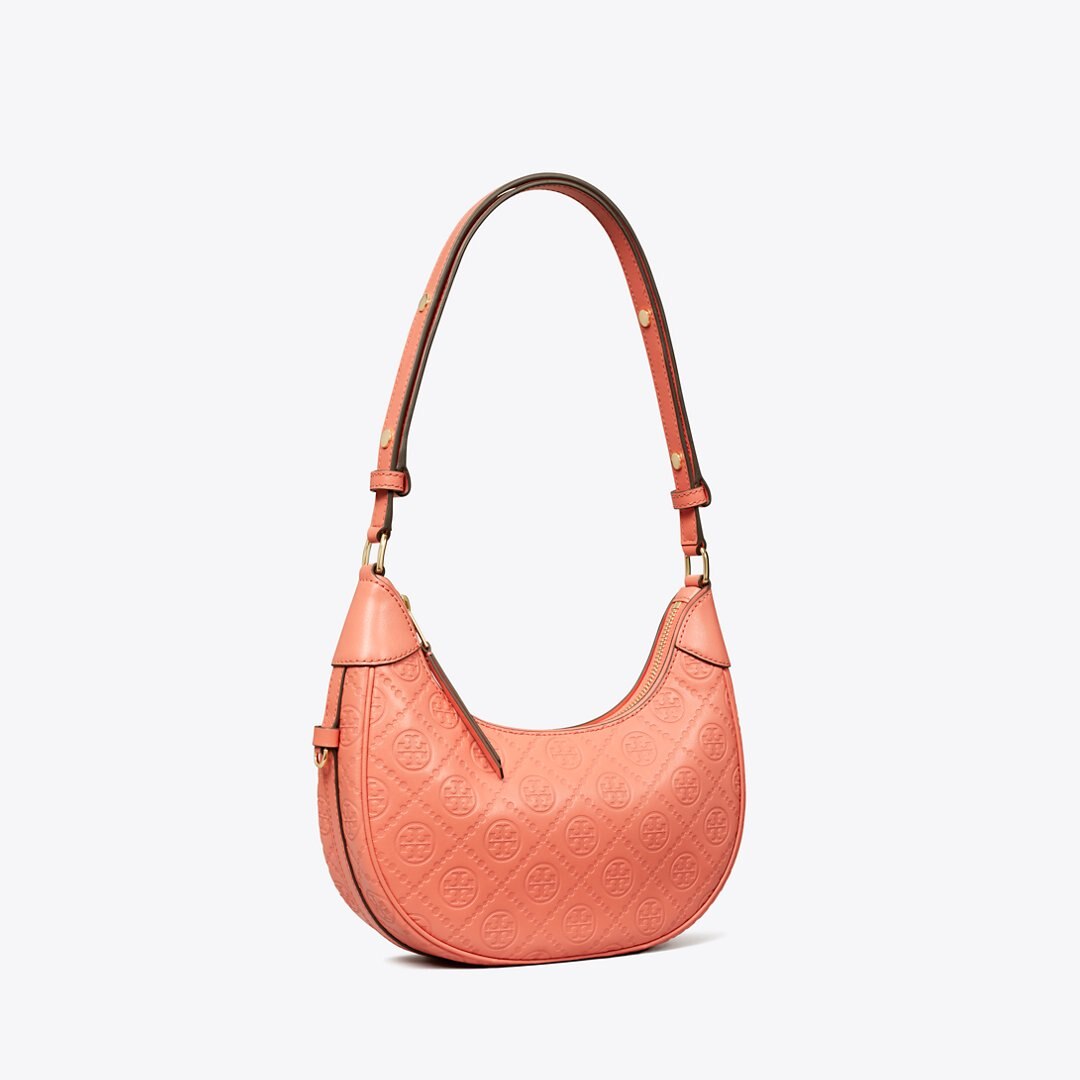 Tory Burch T Monogram Leather Crescent Bag Coral Crush