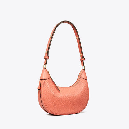 Tory Burch T Monogram Leather Crescent Bag Coral Crush
