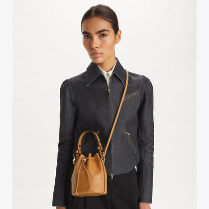 Tory Burch T Monogram Leather Mini Bucket Bag Tan