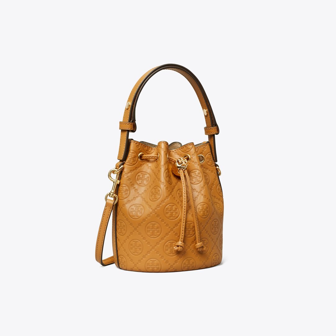 Tory Burch T Monogram Leather Mini Bucket Bag Tan