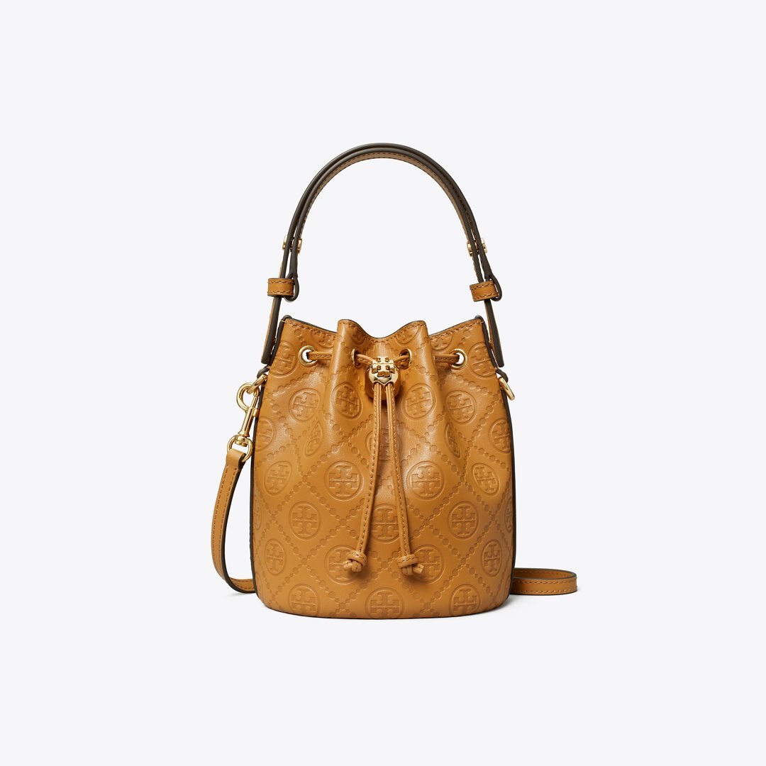 Tory Burch T Monogram Leather Mini Bucket Bag Tan