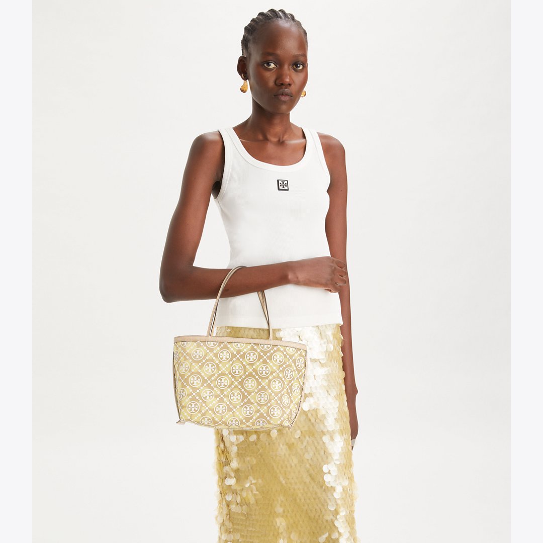 Tory Burch T Monogram Mesh Dot Tote Khaki / Honeydew