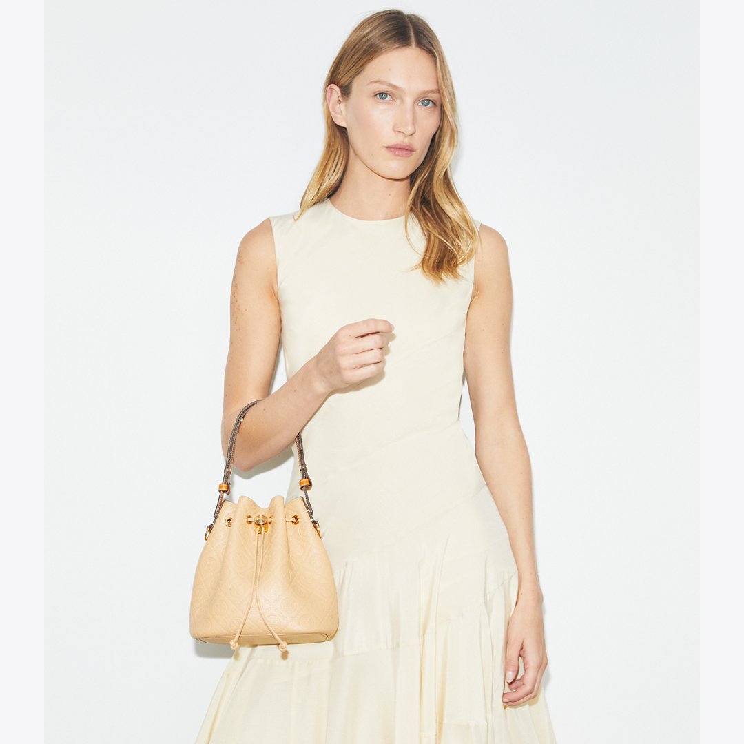 Tory Burch T Monogram Pebble Bucket Bag Biscotti