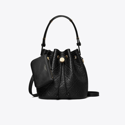 Tory Burch T Monogram Pebbled Bucket Bag Black