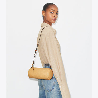 Tory Burch T Monogram Pebbled Cylinder Bag Biscotti
