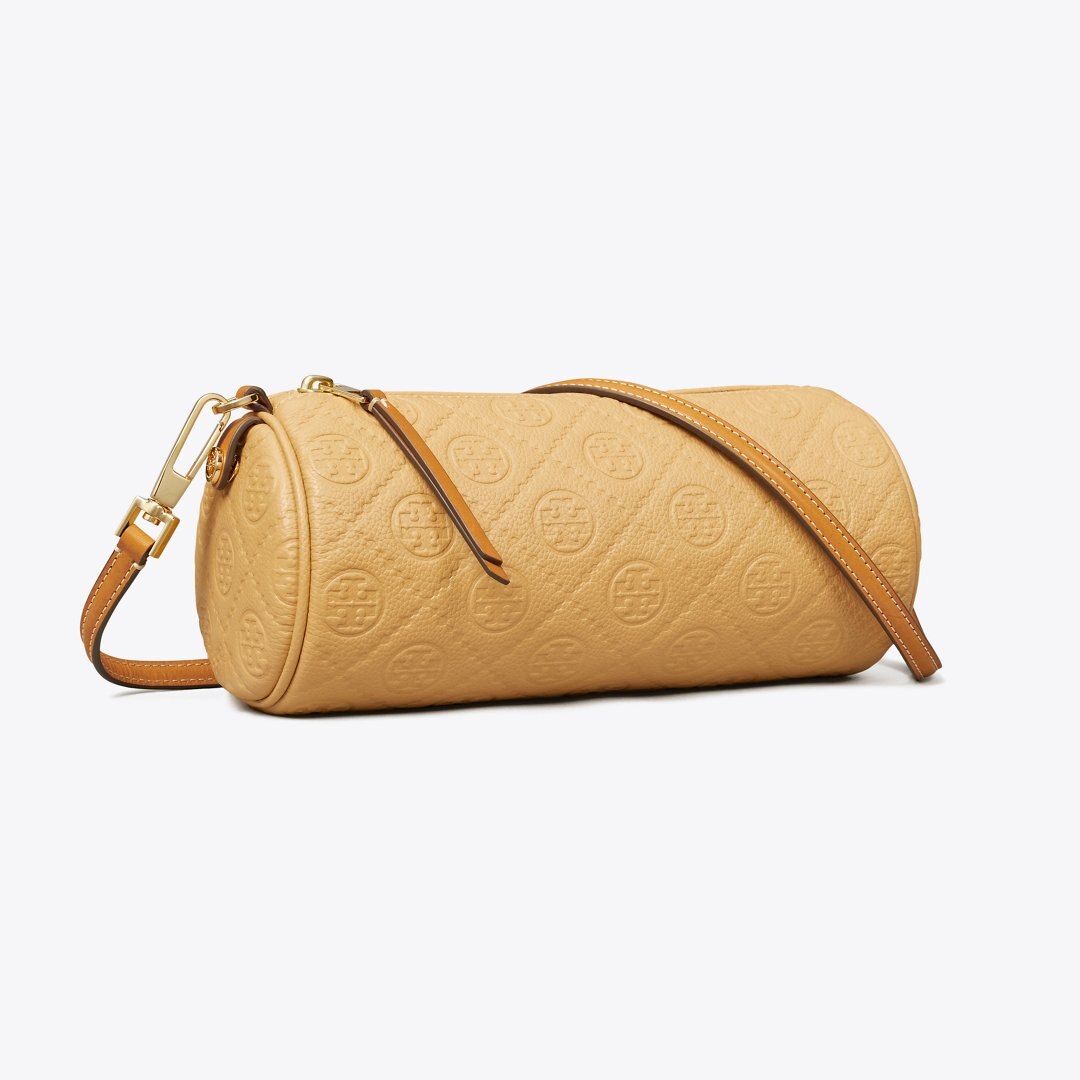 Tory Burch T Monogram Pebbled Cylinder Bag Biscotti