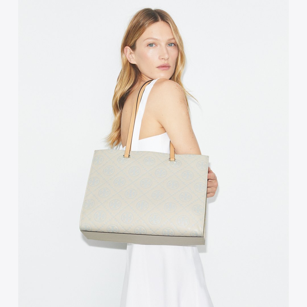 Tory Burch T Monogram Pebbled Tote Light Titanium