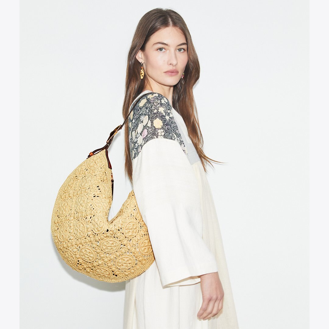 Tory Burch T Monogram Raffia Balloon Bag Natural