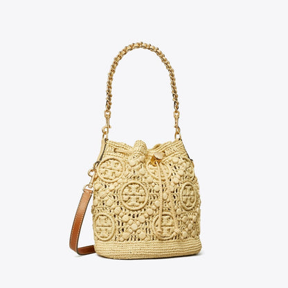 Tory Burch T Monogram Raffia Bucket Bag Natural