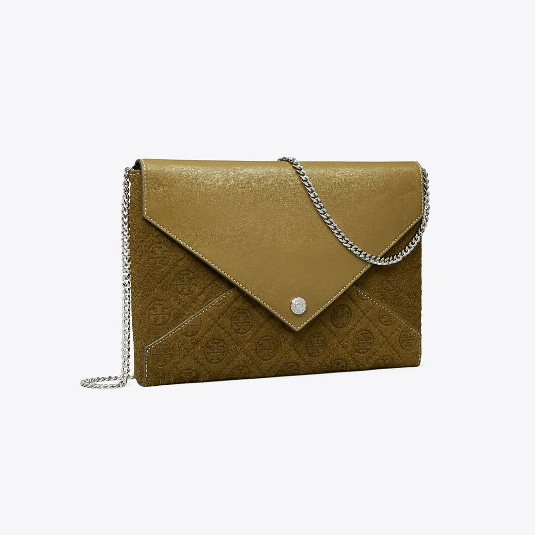 Tory Burch T Monogram Suede Envelope Chain Pouch Deep Olive