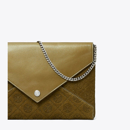 Tory Burch T Monogram Suede Envelope Chain Pouch Deep Olive