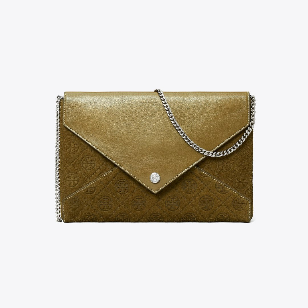 Tory Burch T Monogram Suede Envelope Chain Pouch Deep Olive