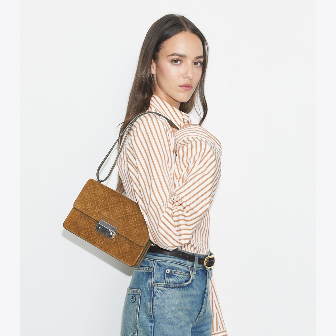 Tory Burch T Monogram Suede Shoulder Bag CHICORY BROWN