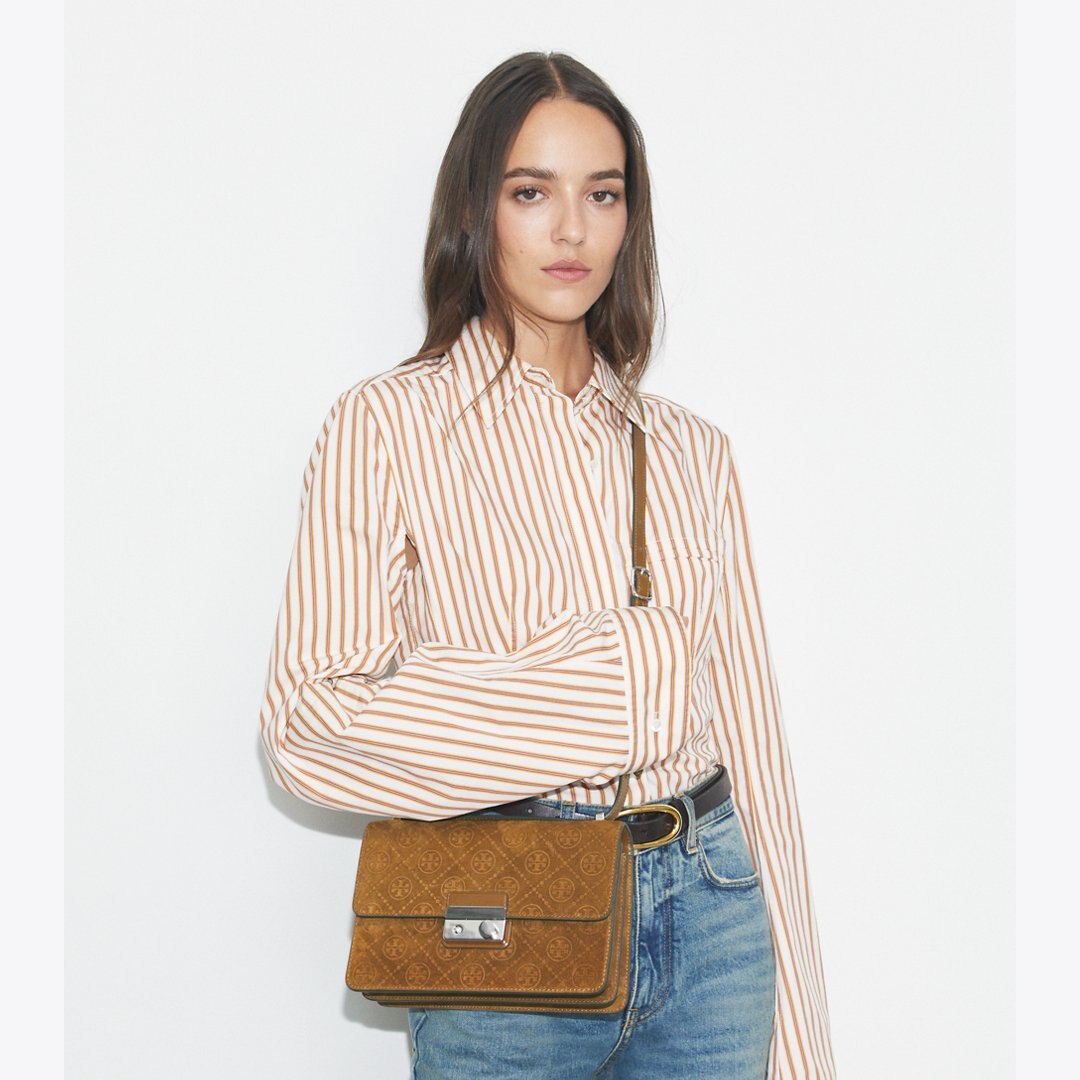 Tory Burch T Monogram Suede Shoulder Bag CHICORY BROWN