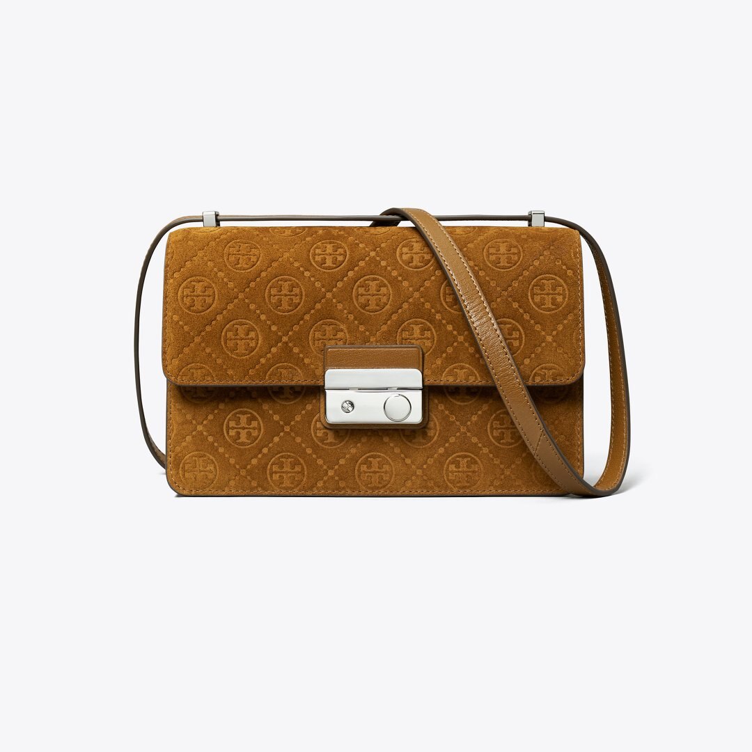 Tory Burch T Monogram Suede Shoulder Bag CHICORY BROWN