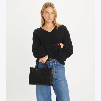 Tory Burch T Monogram Top-Handle Embossed Tote Black