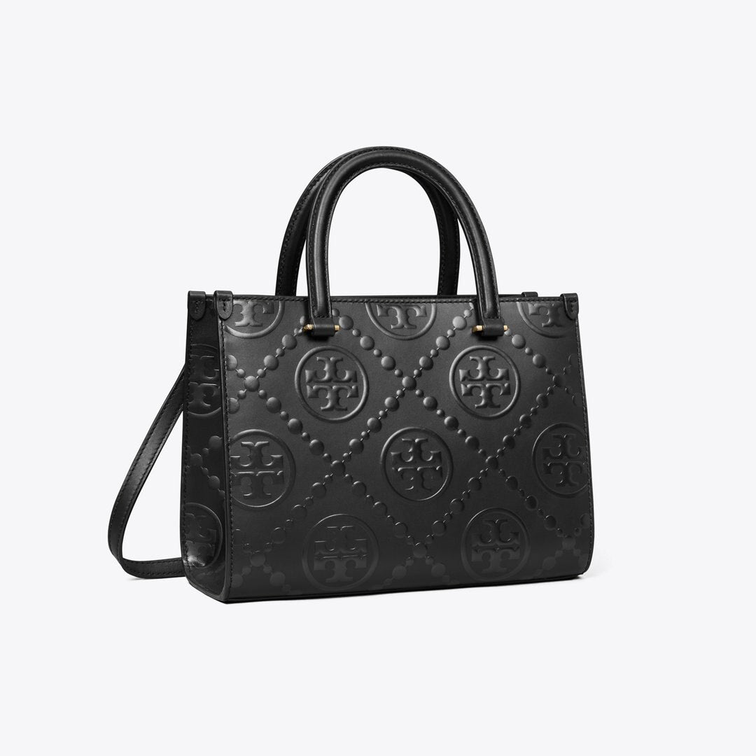 Tory Burch T Monogram Top-Handle Embossed Tote Black