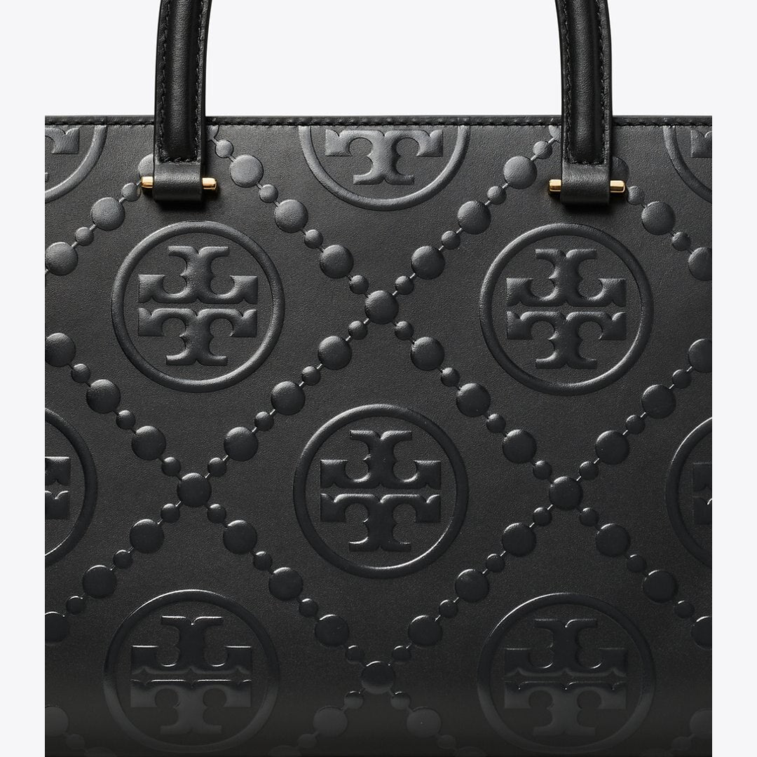 Tory Burch T Monogram Top-Handle Embossed Tote Black