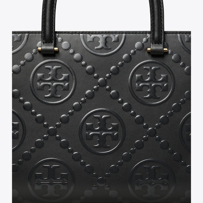 Tory Burch T Monogram Top-Handle Embossed Tote Black
