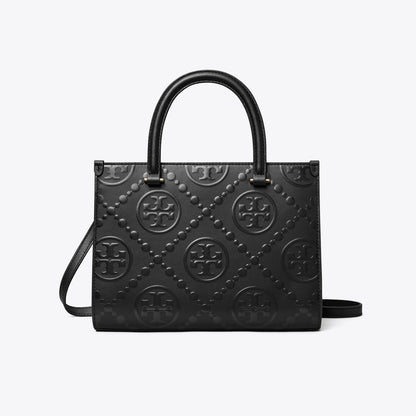 Tory Burch T Monogram Top-Handle Embossed Tote Black