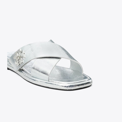 Tory Burch Turnlock Cross-Band Slide SHINY SILVER