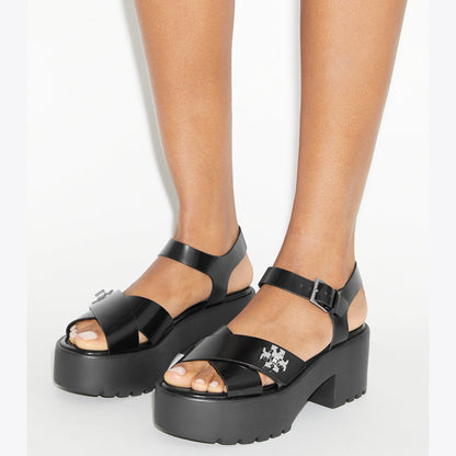 Tory Burch Turnlock Platform Lug Heeled Sandal BLACK