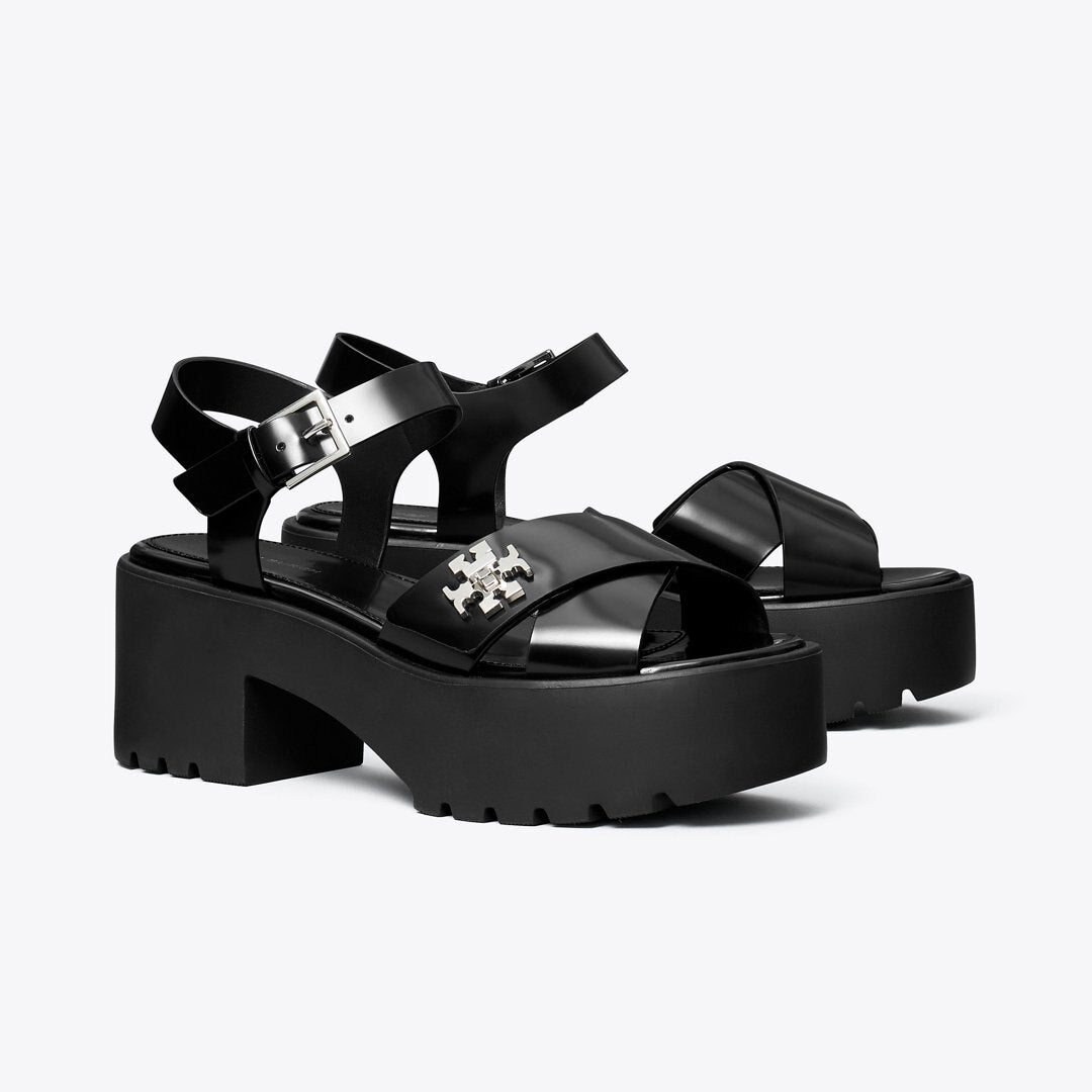 Tory Burch Turnlock Platform Lug Heeled Sandal BLACK