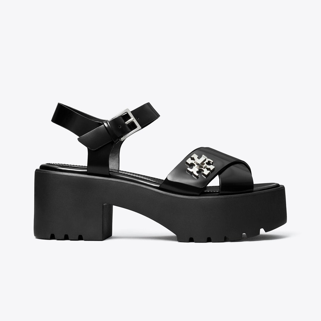 Tory Burch Turnlock Platform Lug Heeled Sandal BLACK