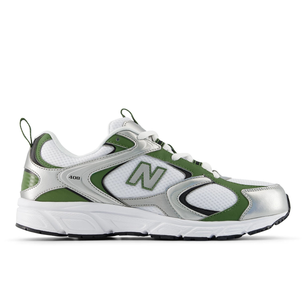 New Balance 408 White with Silver Metallic and Utility Green