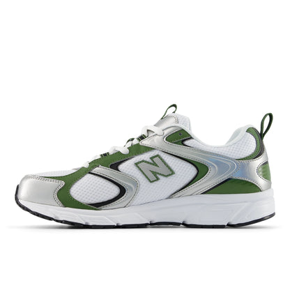 New Balance 408 White with Silver Metallic and Utility Green