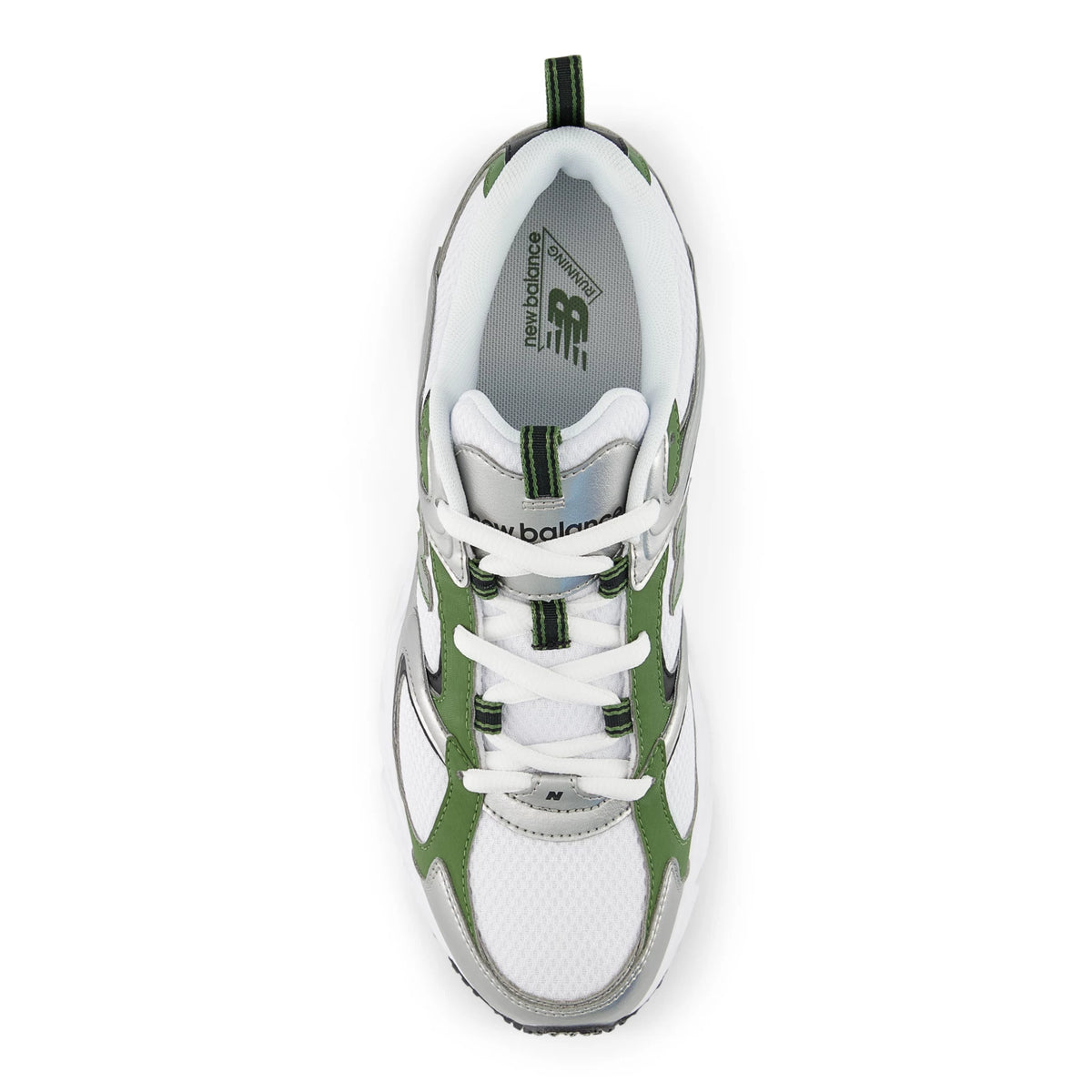 New Balance 408 White with Silver Metallic and Utility Green