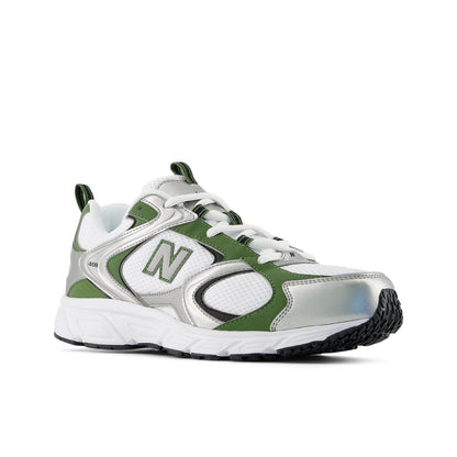 New Balance 408 White with Silver Metallic and Utility Green