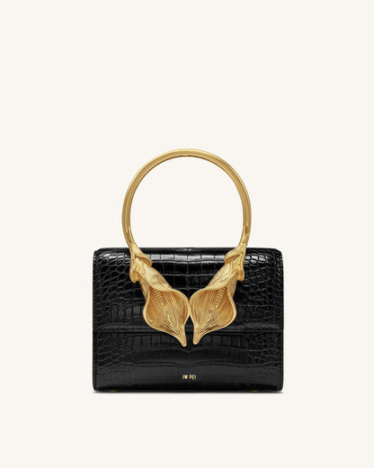 Jw Pei Astrid Calla Lily Metal Handle Top Handle Bag Black Croc