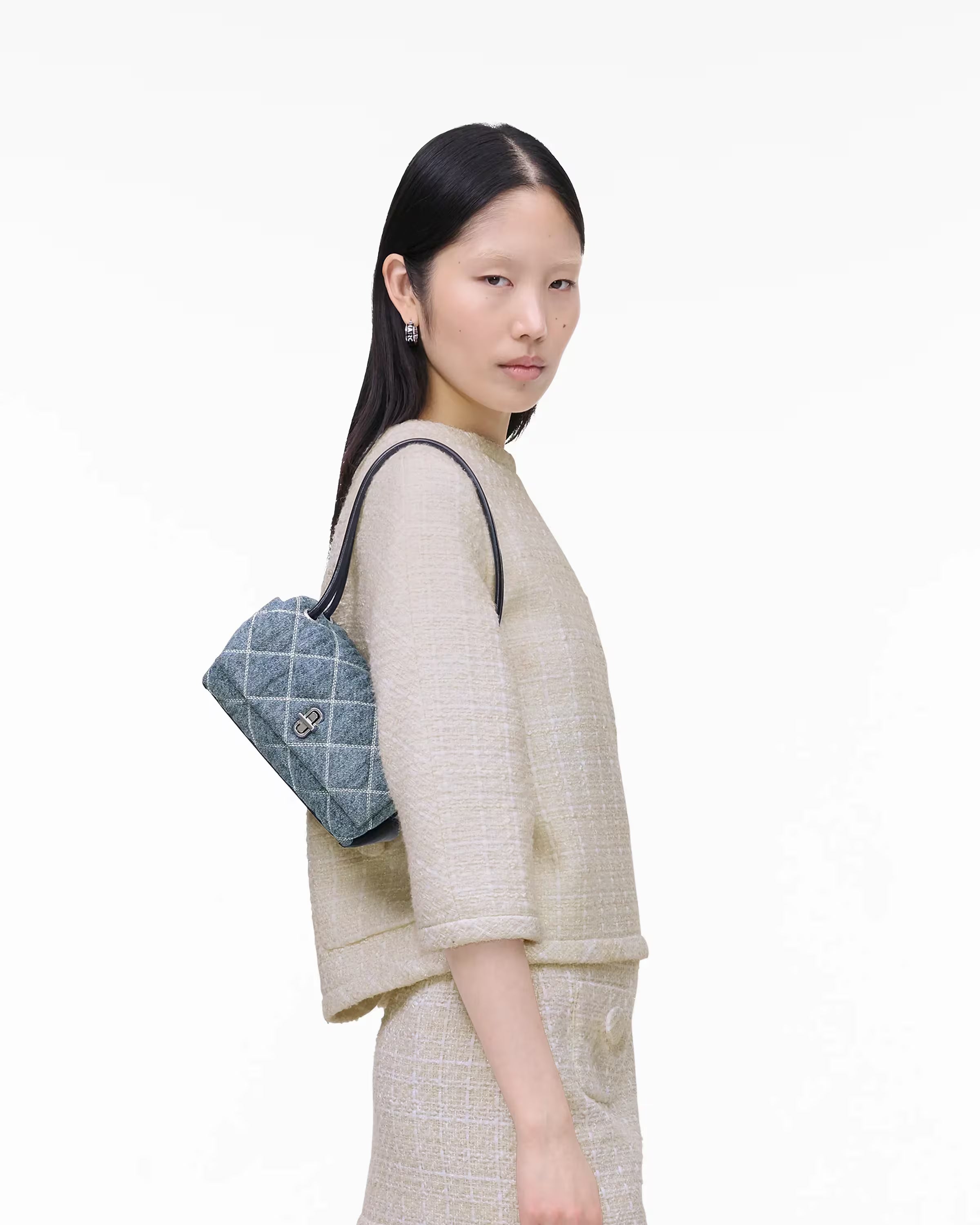 Marc Jacobs The Quilted Denim Mini Dual Shoulder Bag Light Wash Indigo
