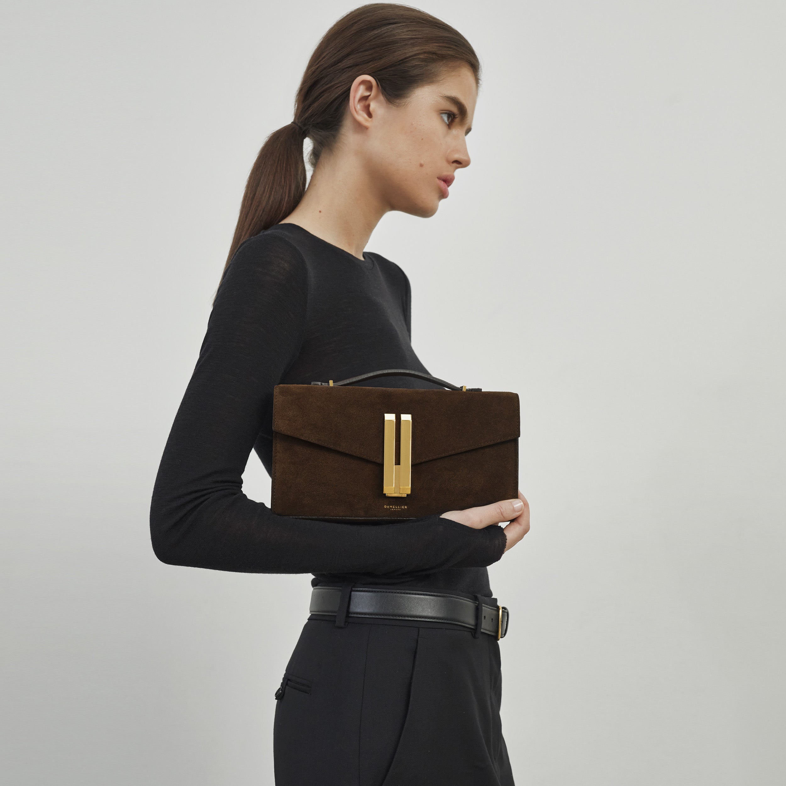 DeMellier The Vancouver Clutch mocha suede & mocha smooth