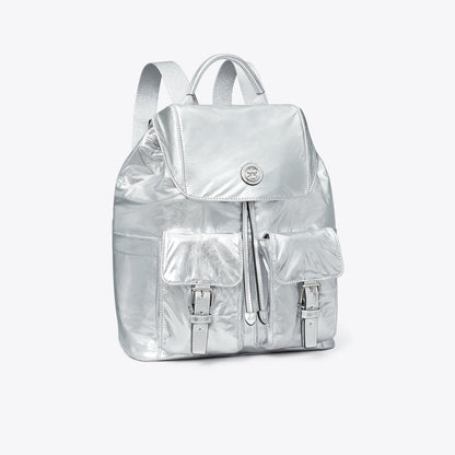 Tory Burch Virginia Metallic Flap Backpack Silver