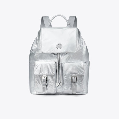 Tory Burch Virginia Metallic Flap Backpack Silver