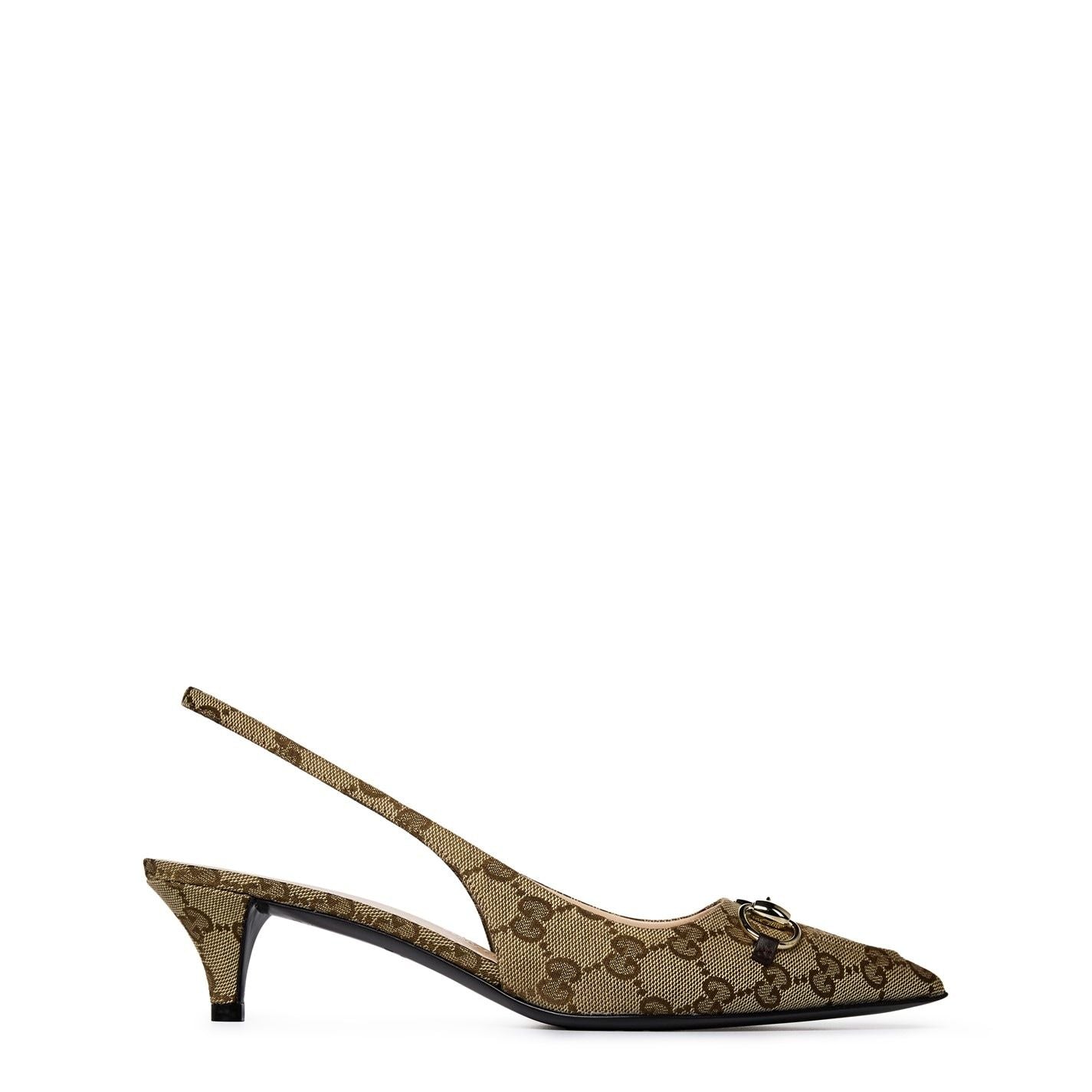  Women's Motif Canvas Horsebit Sling Pumps Beige Ebony