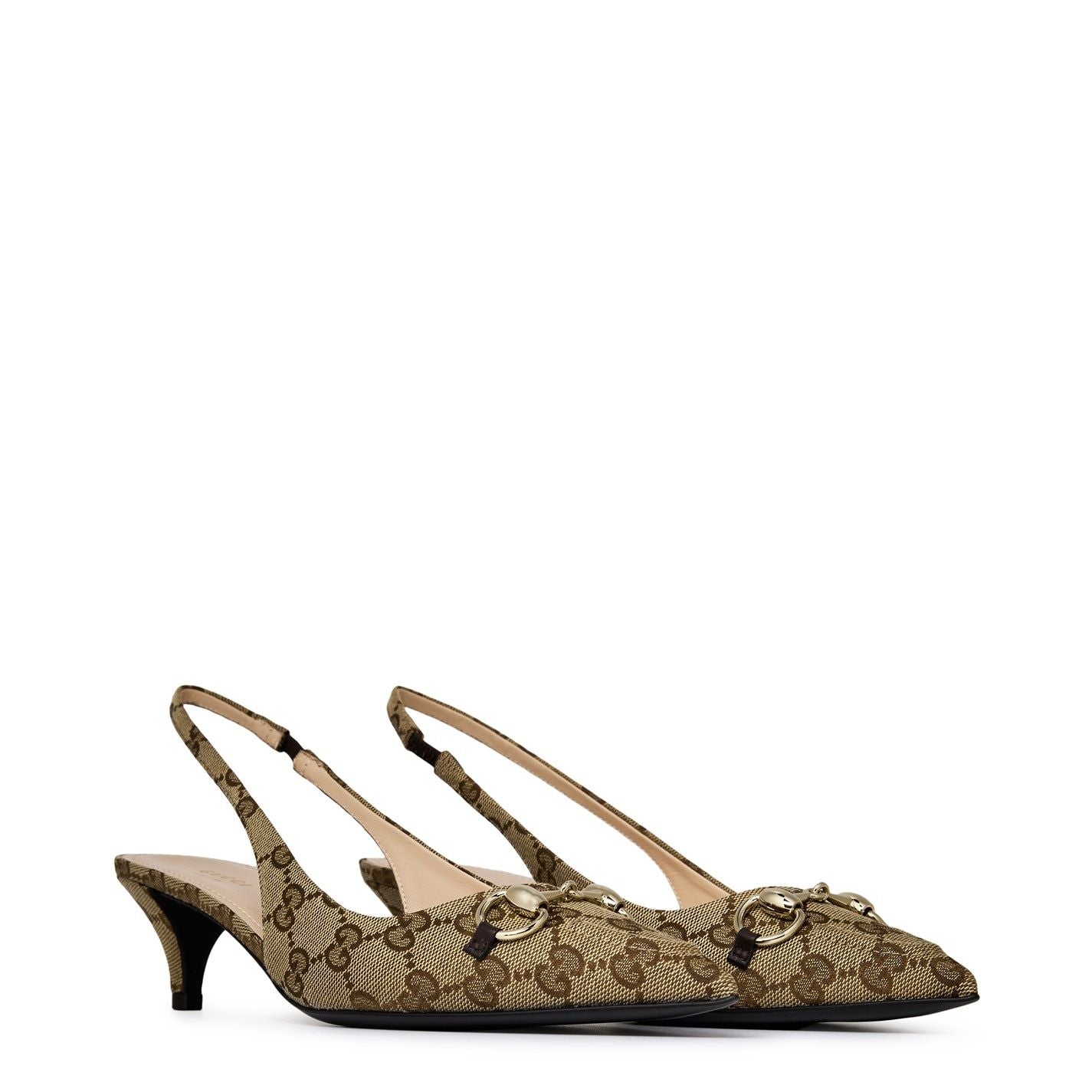  Women's Motif Canvas Horsebit Sling Pumps Beige Ebony