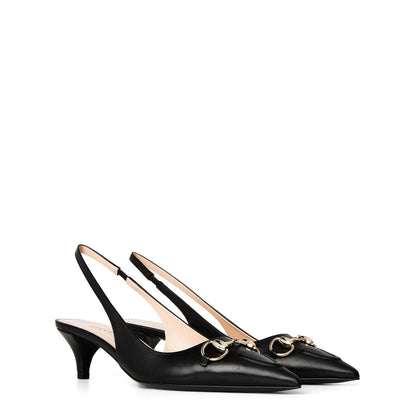  Women's Motif Canvas Horsebit Sling Pumps Nero